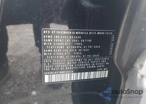 2021 Volkswagen Tiguan 2.0T Se/2.0T Se R-Line Black/2.0T Sel z USA, uszkodzony, nr VIN 3VV2B7AX1MM030328